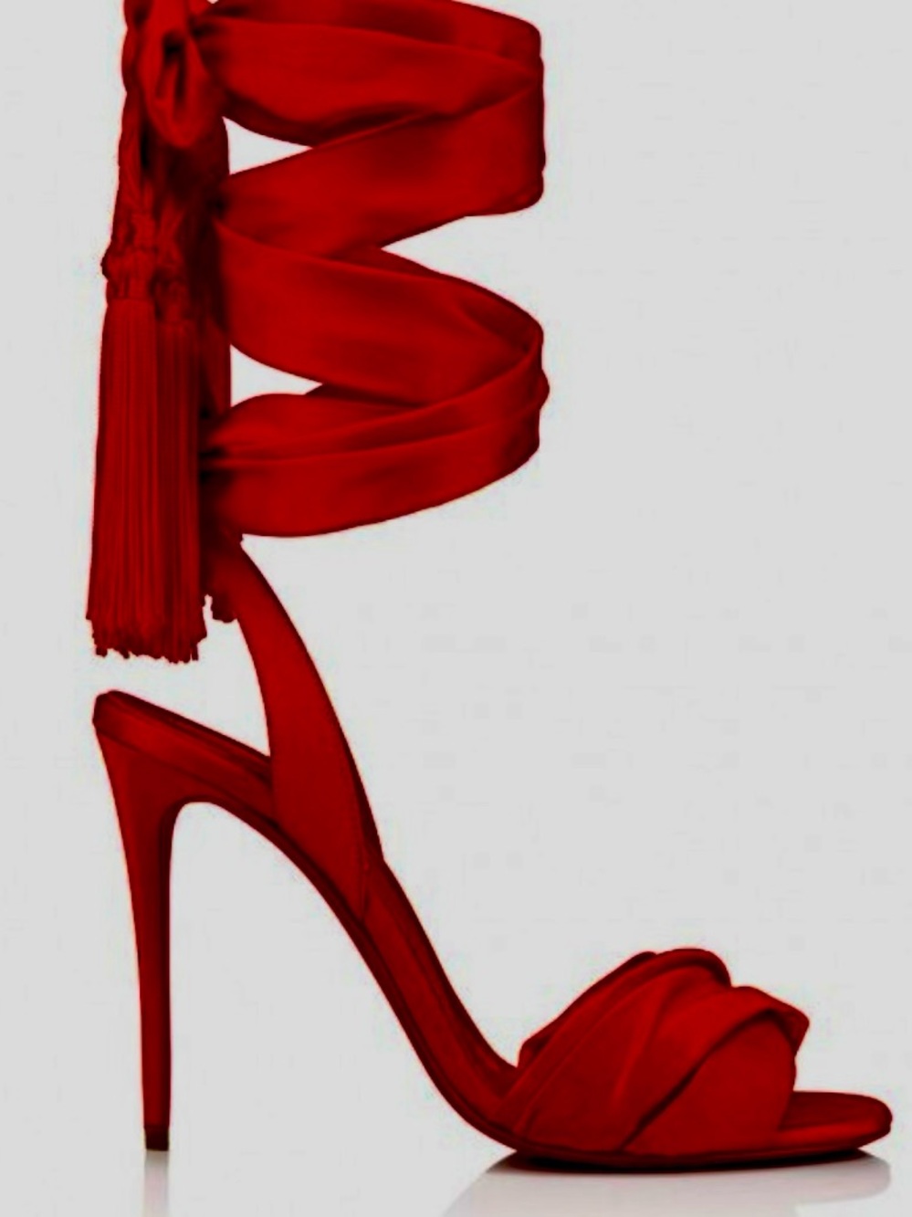 Christian Louboutin Red Satin Wrap-Ankle Stiletto Heels with Tassel - Picture 2 of 7